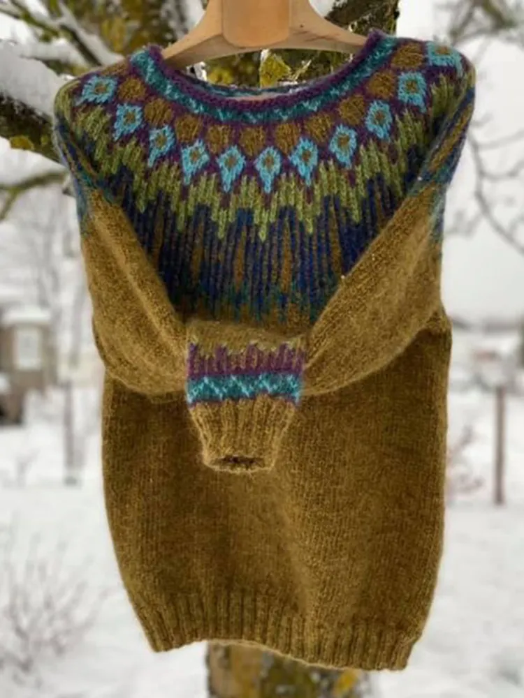 Unisex Vintage Colorwork Warmth Knit Jacquard Icelandic Crew Neck Sweater