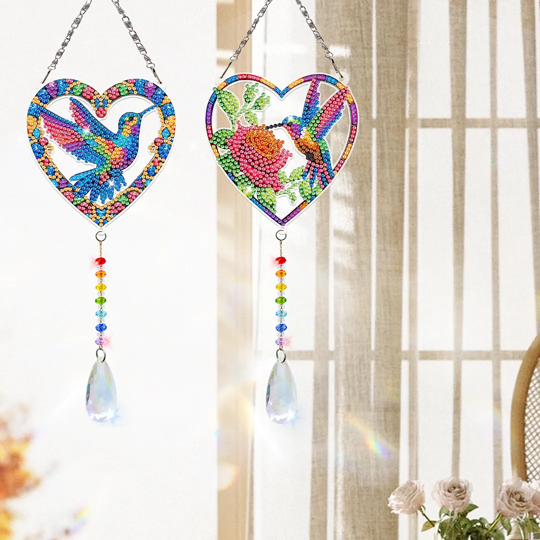 2Pcs Love Hummingbird DIY Acrylic Diamond Painting Art Wind Chimes with Crystal Pendant Diamond Art Hanging Pendant Double-Sided for Adults Beginners Gift Home Garden Decor