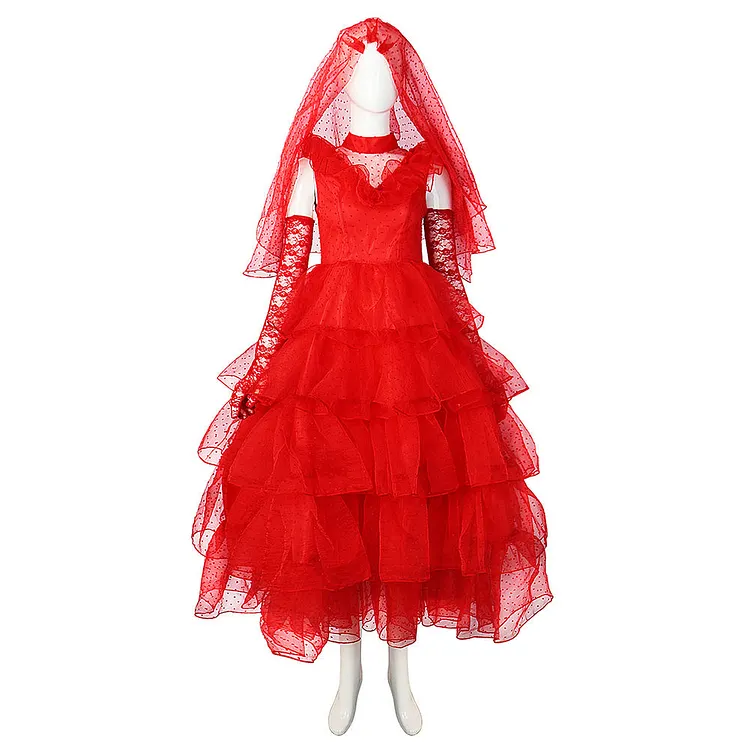 Beetle Juice Lydia Red Wedding Dress Outfits Cosplay Costume Halloween Carnival Suit
