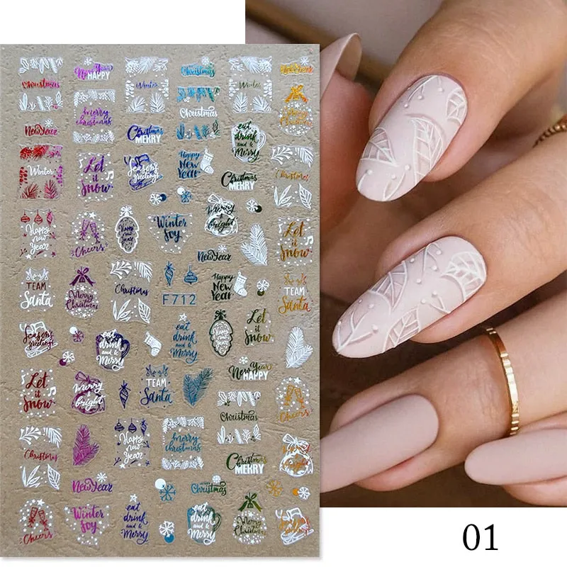 3D Christmas Nail Art Decoration Stickers Sparkly Gold White Colorful  Glitter Geometry Snowflake Winter Slider Nail Foils-Nail Inspo