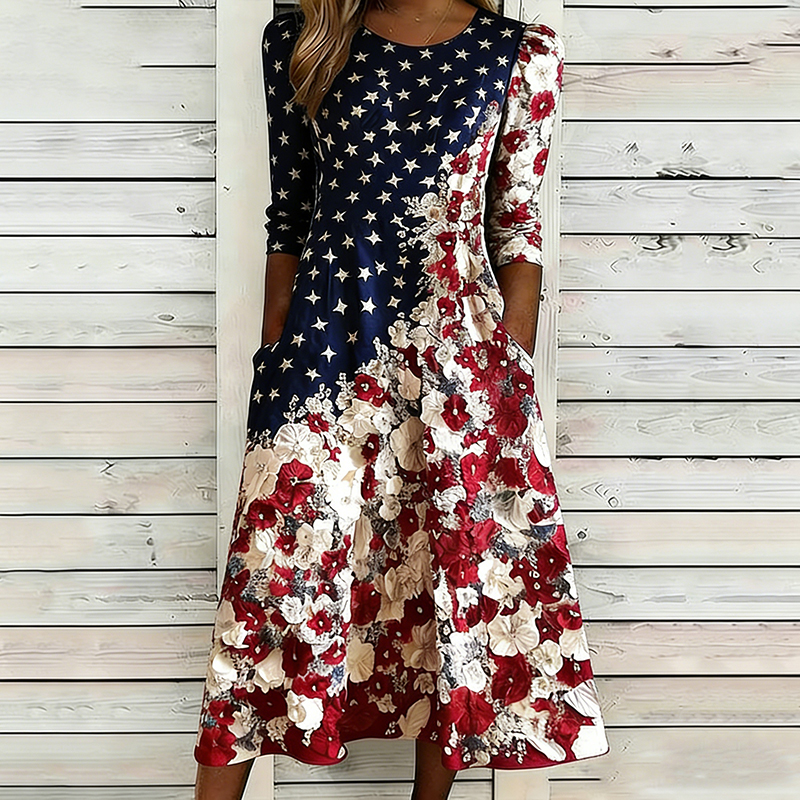 Comstylish Women's Retro Independence Day Floral Pattern Casual Round Neck Dress
