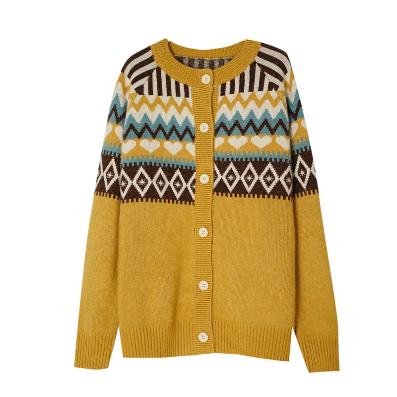 Vintage Geometric Jacquard Round Neck Button Sweater Cardigan