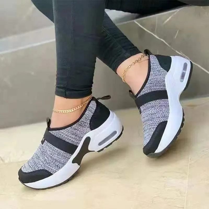 Women's Casual Shoes Solid Color Knitted Mesh Air Cushion Sneakers Comfortable and Lightweight Outdoor Non-slip Running Shoes