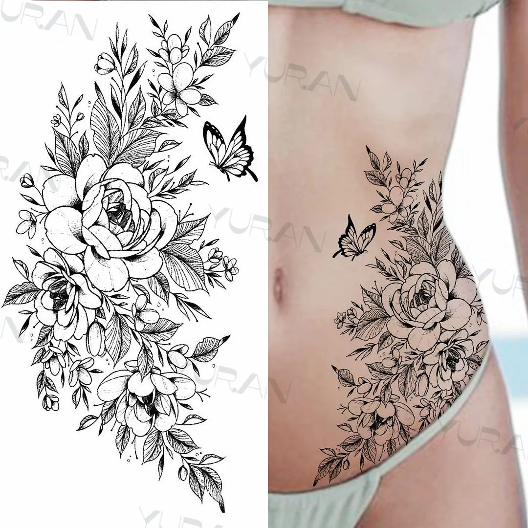 Black Large Snake Flower Fake Tattoo Sticker For Women Dot Rose Peony Temporary Tattoos DIY Water Transfer Tatoos Girls 530
