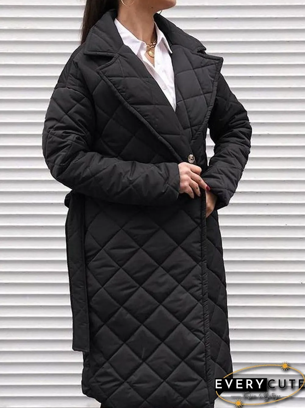 Pure Color Belted Double Pocket Casual Cotton Coat