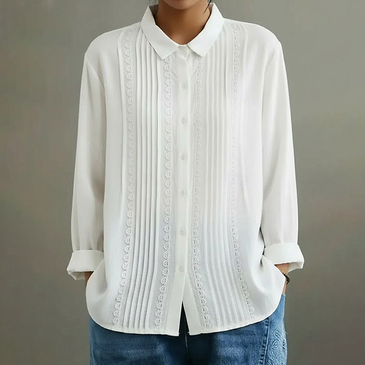 Comstylish Women's Casual Shirt Button Up Lace Linen Blend Blouse