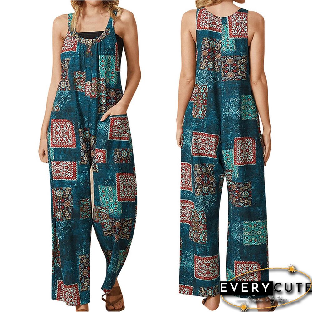 Women Summer Baggy Retro Jumpsuit Vintage Printed Loose Casual Sleeveless Overall Long Romper Playsuit Trousers Pants