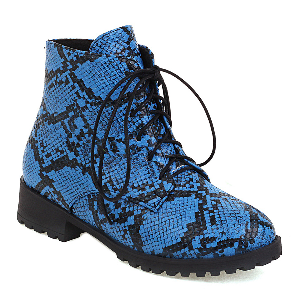 GOOSHOE Blue Snake Print Lace-Up Women's Ankle Boots Flat-Bottomed Low-Heeled Short Plush Inner Lining Warm Short Boot