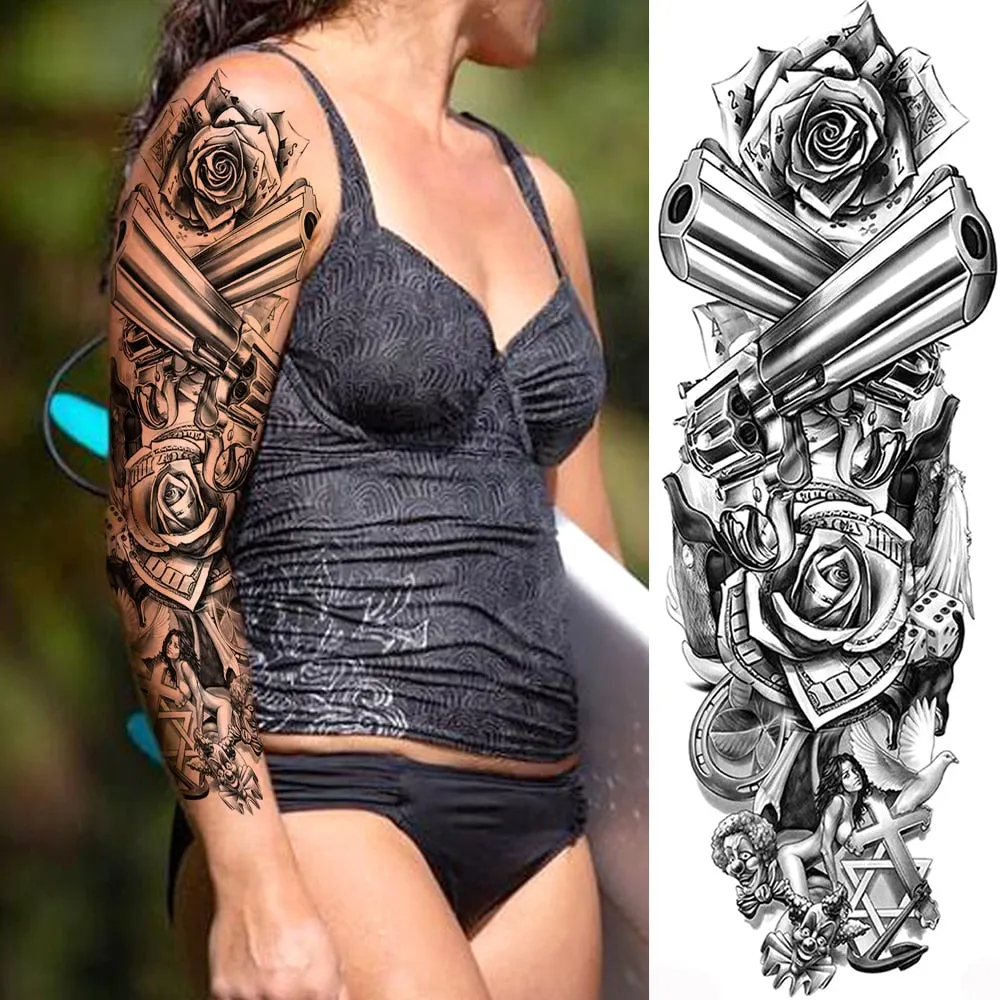 Black Military Maori Totem Temporary Sleeve Tattoos For Men Realistic Fake Full Arm3D Dragon Skull Wolf Lion Robot Tatoos Paste