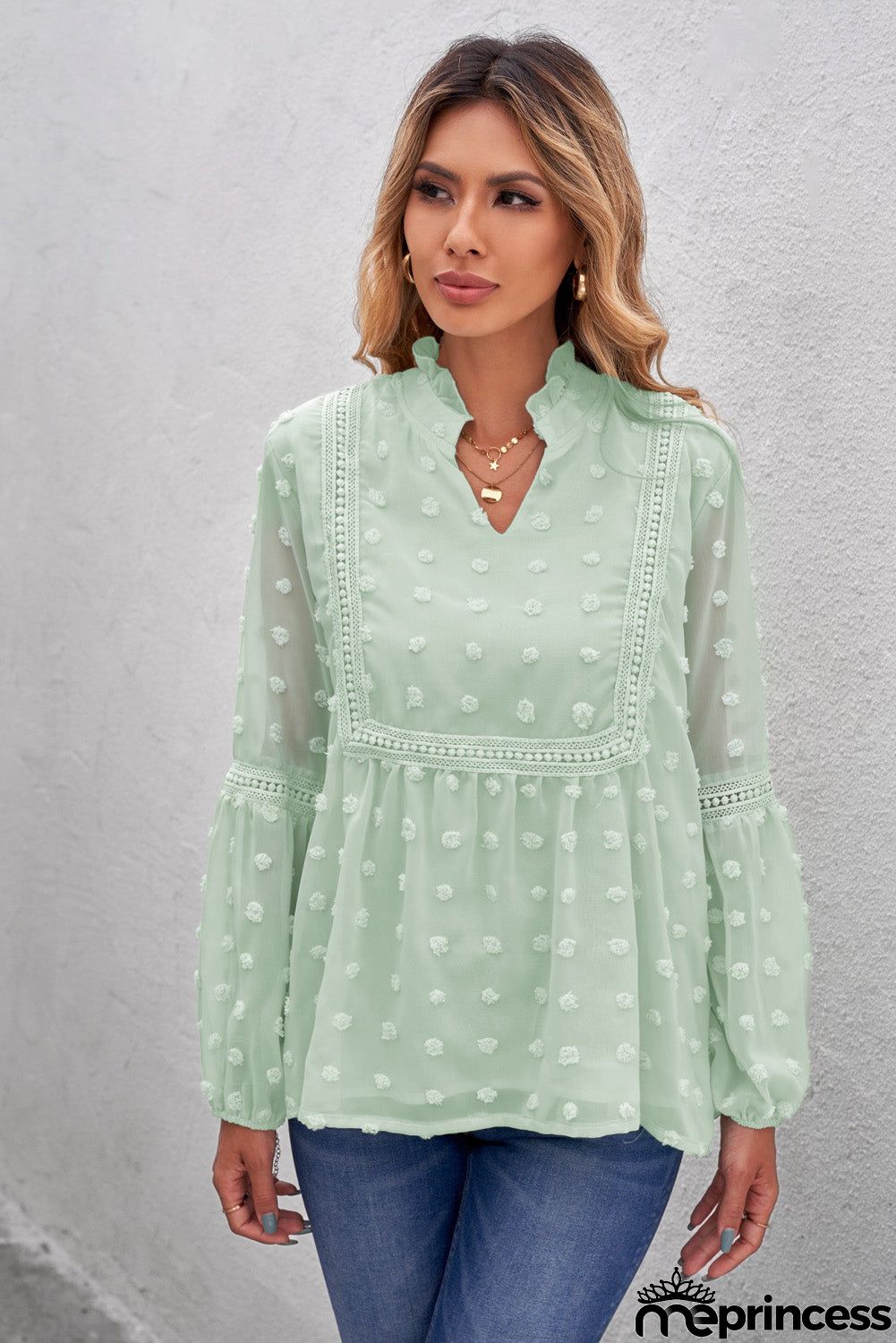 Chic Green Ruffled Split Neck Lace Hollow Out Long Sleeve Polka Dot Blouse