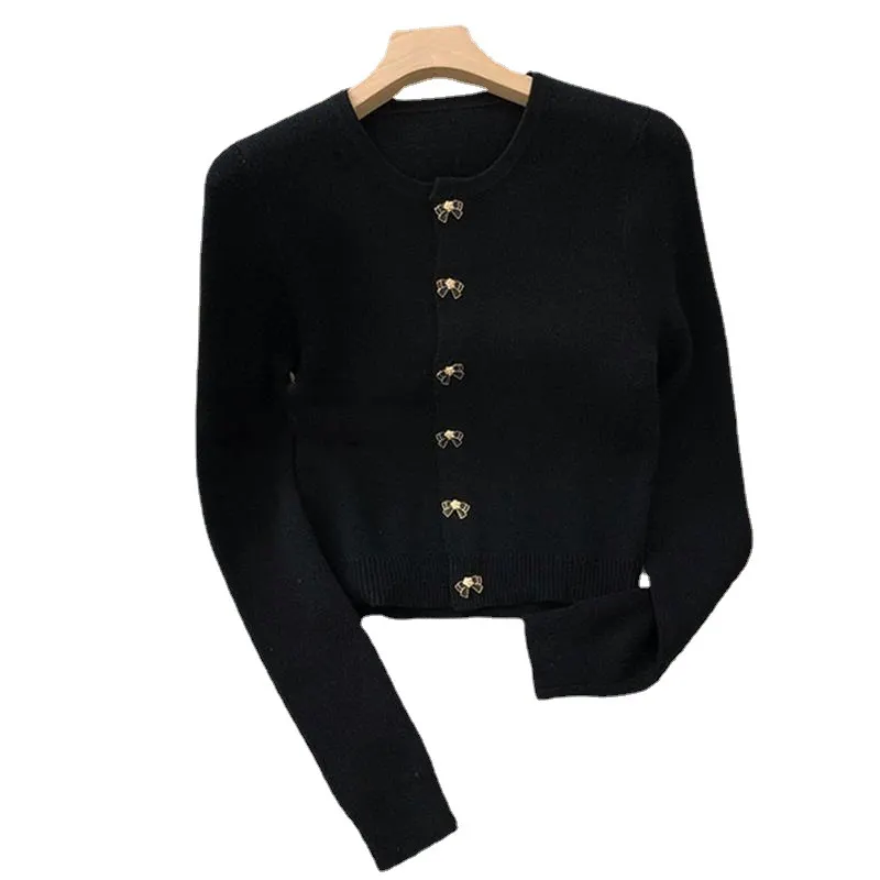 Churchf Fragrant Wind Black Knit Cardigan Female 2025 New Style Lazy Retro Round Neck Sweater Coat