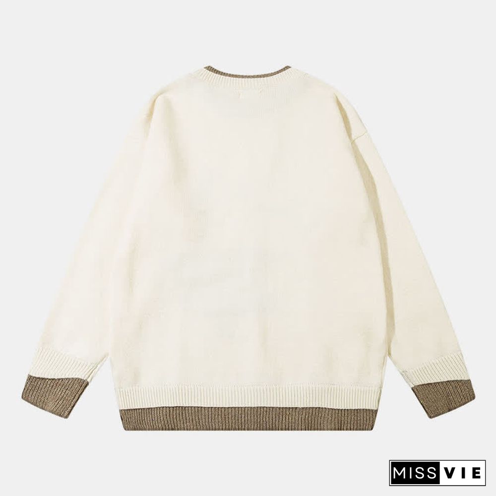 Cartoon Dinosaur Letter Print Colorblock Knit Sweater