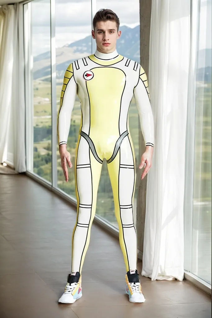 Men Latex Catsuits Male Moonstruck Back Zipper Catsuit Cool Anime Style Catsuit- Yellow & White