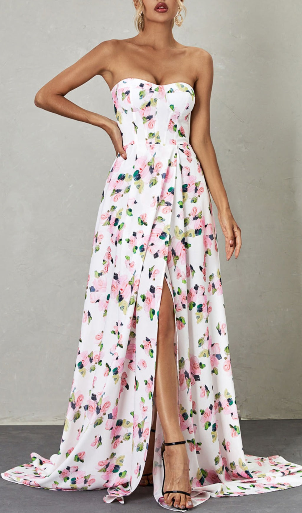 Strapless Floral Split Maxi Dress Flowering Girl