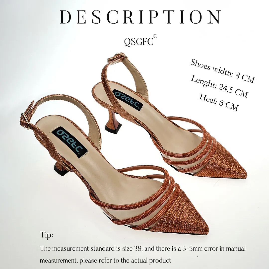 QSGFC2022 Fashion Shiny Full Diamond Decoration In Nigeria Elegant Orange Color Ladies Shoes and Bag For Party Wedding