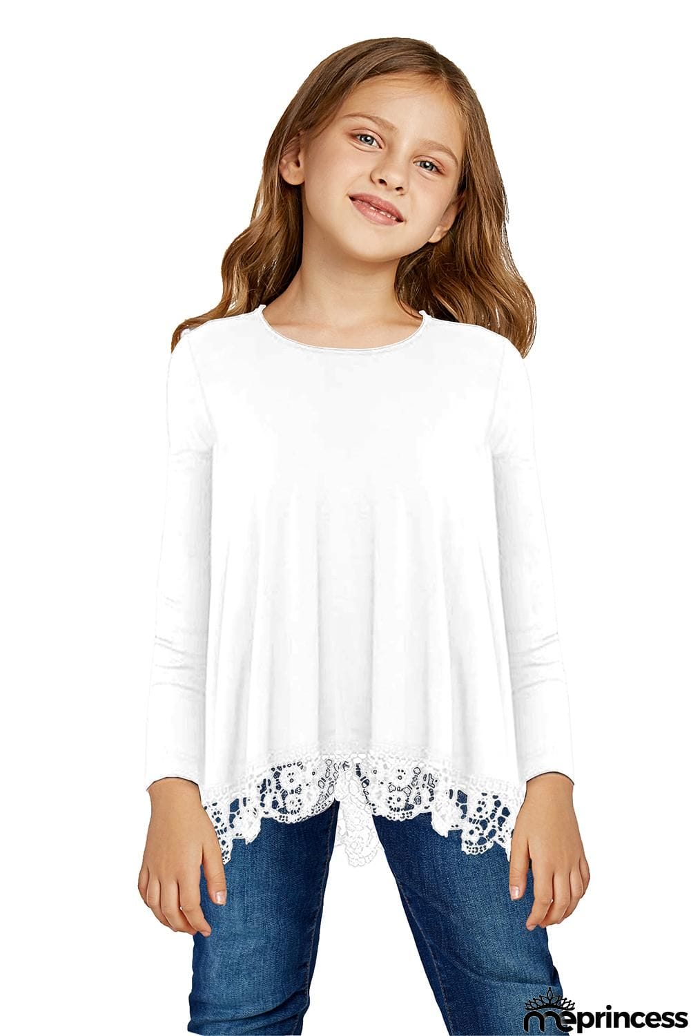 Long Sleeve Lace Trim O-neck A-line Tunic Blouse