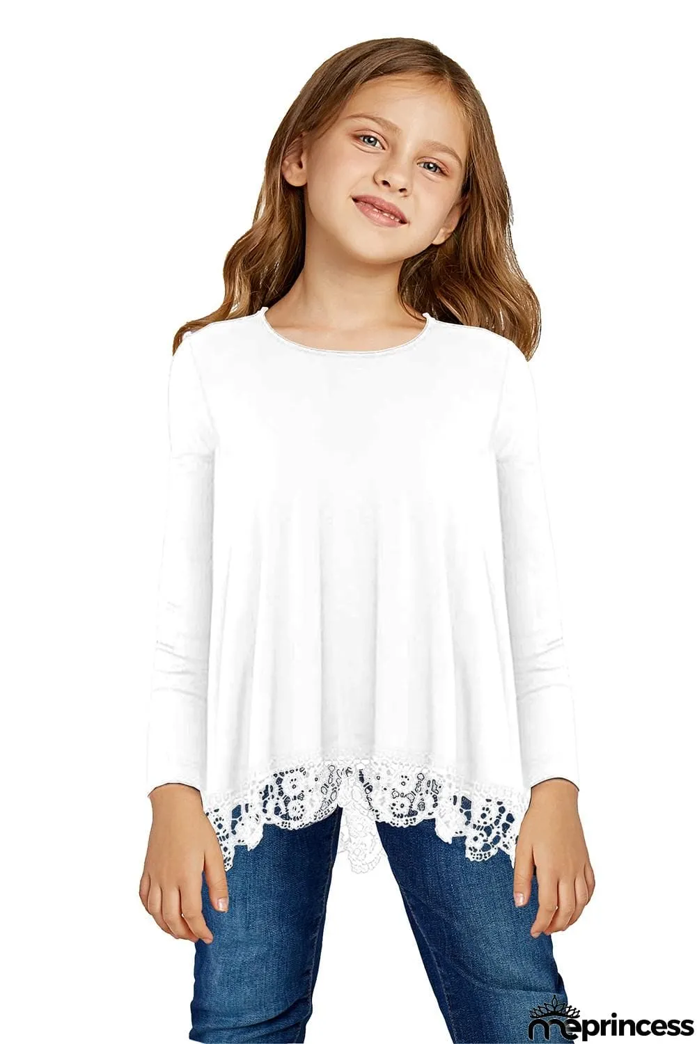 Long Sleeve Lace Trim O-neck A-line Tunic Blouse