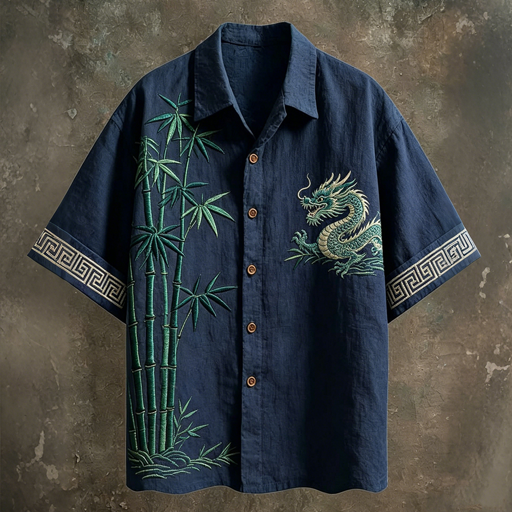 Men's Vintage Bamboo & Dragon Art Short Sleeve Linen Shirt elevenforest