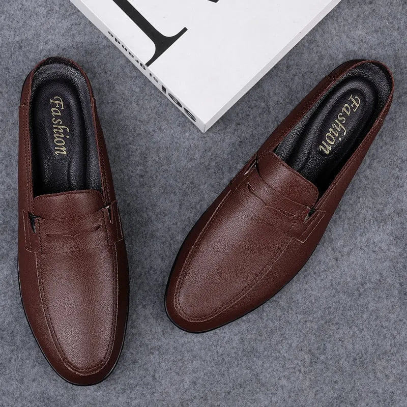 Summer New Men's Shoes Casual Half Shoes For Men Brand Loafers Leather Half Slipper Breathable Slip on Lazy Driving Shoes Men