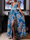 Split-Side Floral Printed Condole Belt Maxi Dresses