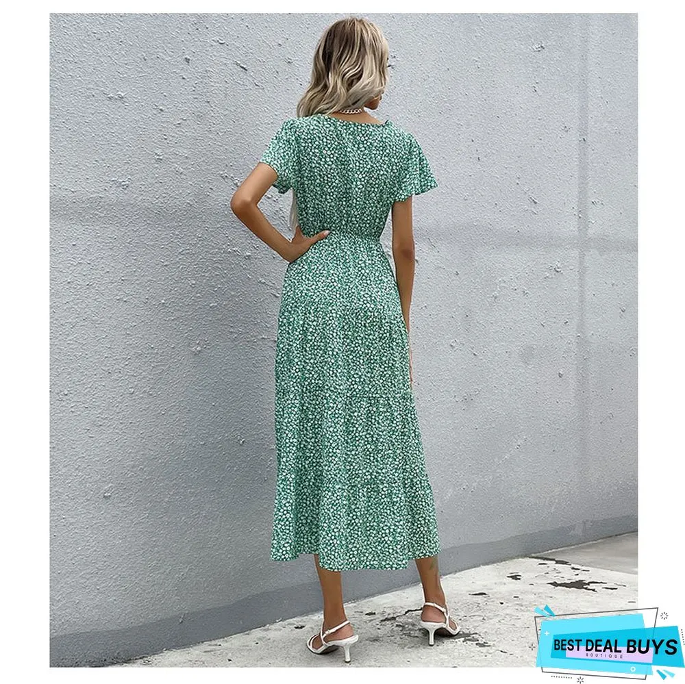 Women's Short Sleeve Green Printed V-Neck Dress