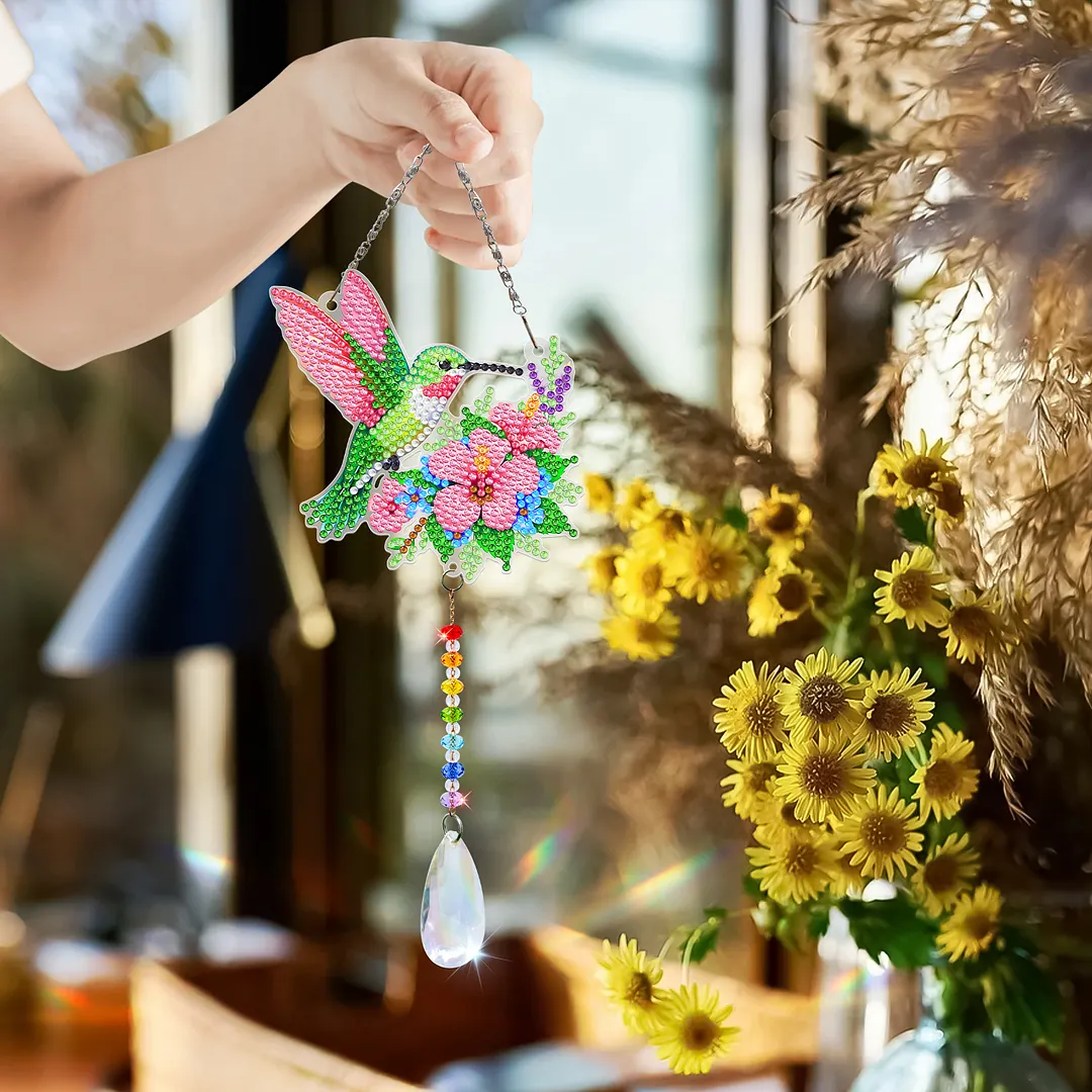 2Pcs Hummingbird Carrying Flowers DIY Double-Sided Diamond Painting Hanging Kits Diamond Painting Suncatcher Craft Kit for Home Garden Wall Decor Gift