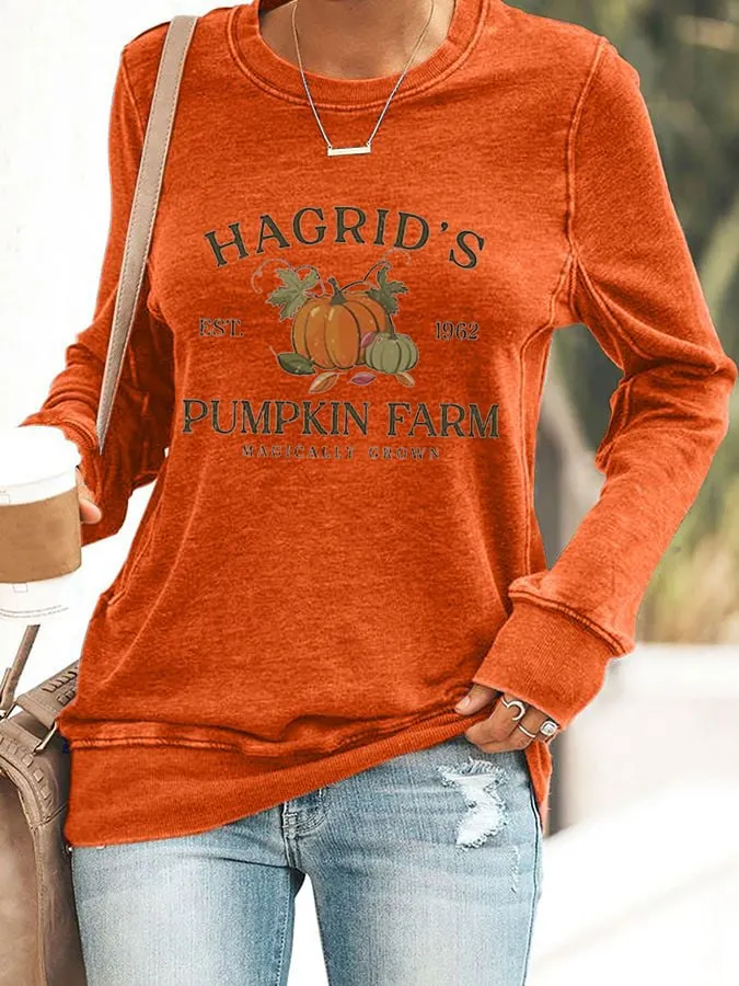 Women'S Hagrid'S Pumpkin Patch Print Long Sleeve Sweatshirt 