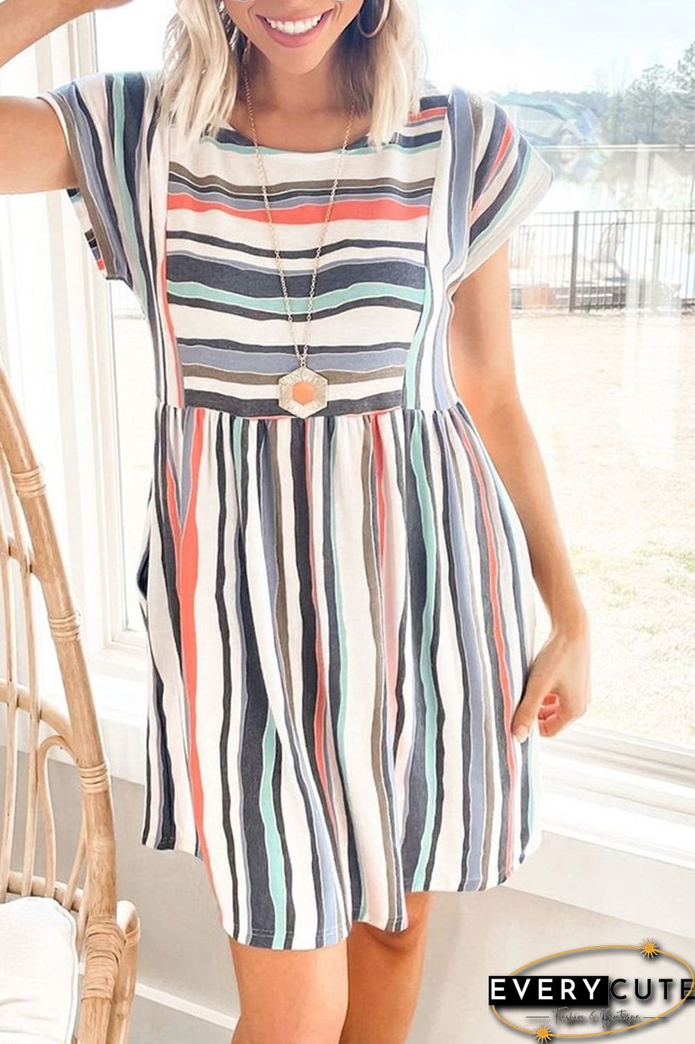 Short Sleeve Stripes Casual Dress
