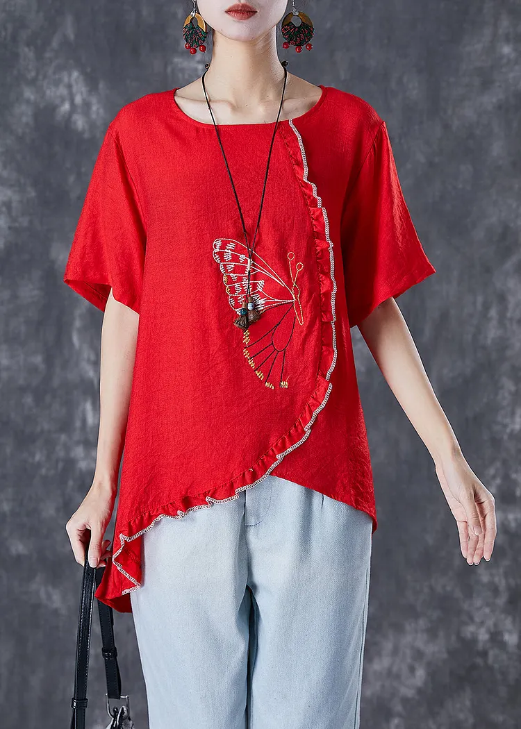 Modern Red Embroidered Butterfly Patchwork Ruffled Cotton Tops Summer
