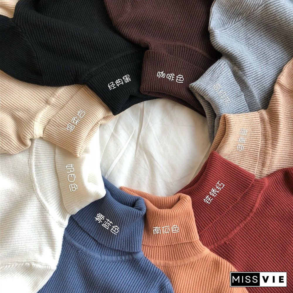 Turtleneck Sweater Standard or Thick Autumn Winter Women Knit Ribbed Pullover Warm Soft Elastic Jumper Long Sleeve Slim Outfits