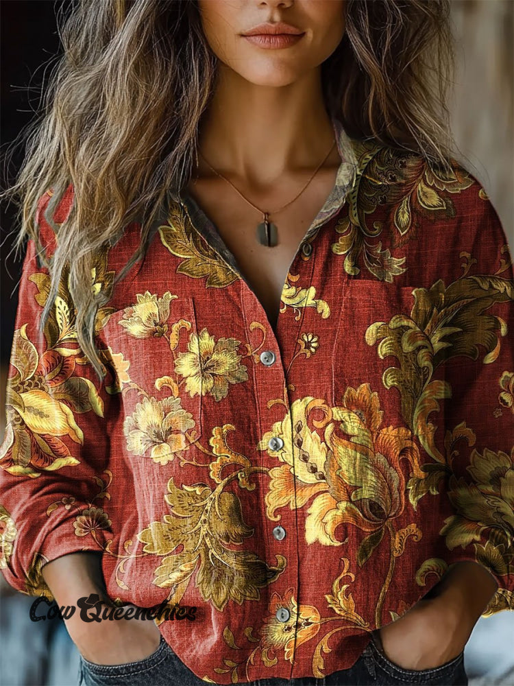 Women&rsquo;s Vintage Flower Art Print Casual Long Sleeve Comfortable Cotton Shirt Multicolor / S