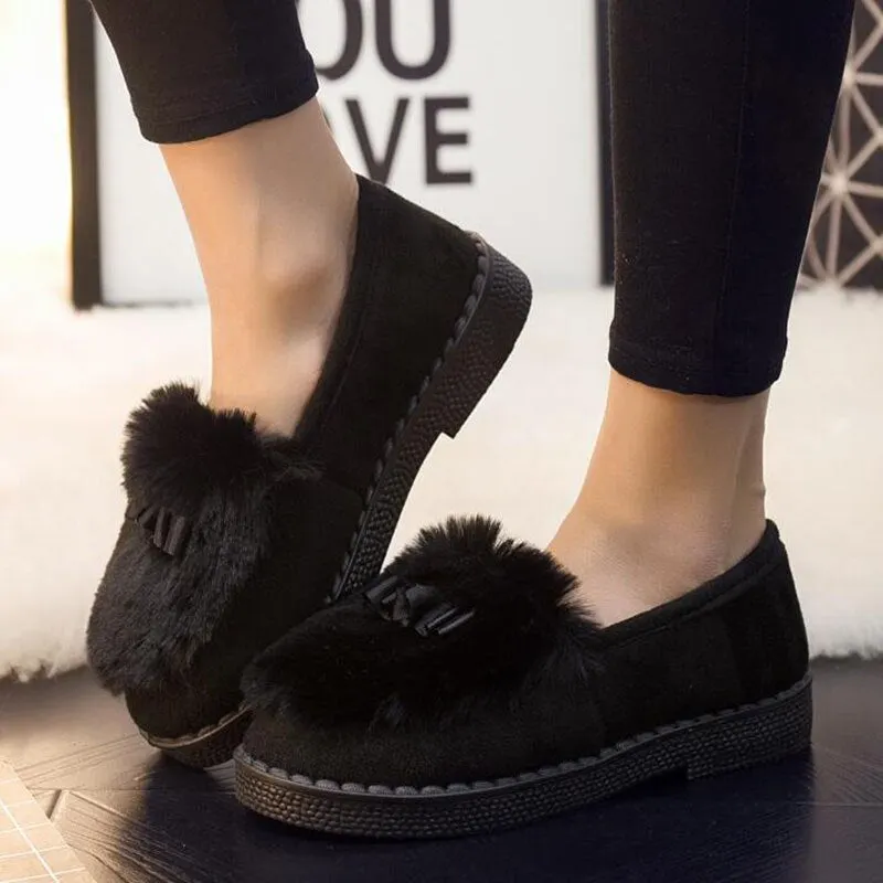 New 2020 Autumn Winter Women Ballet Flats Lovely Bow Warm Fur Comfort Cotton Shoes Woman Loafers Warm Fluffy Zapatos De Mujer