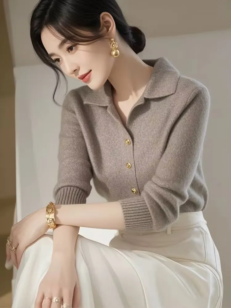 Athvotar Athvotar Polo Collar Long-Sleeved Knitted Shirt 2025 European Blouse French Elegant Thin Outer Wear Bottom Sweater Woman