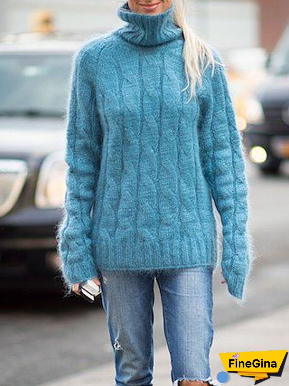 Women Casual Patchwork Autumn High Elasticity Plus Size Long sleeve Turtleneck Cotton-Blend Sweater