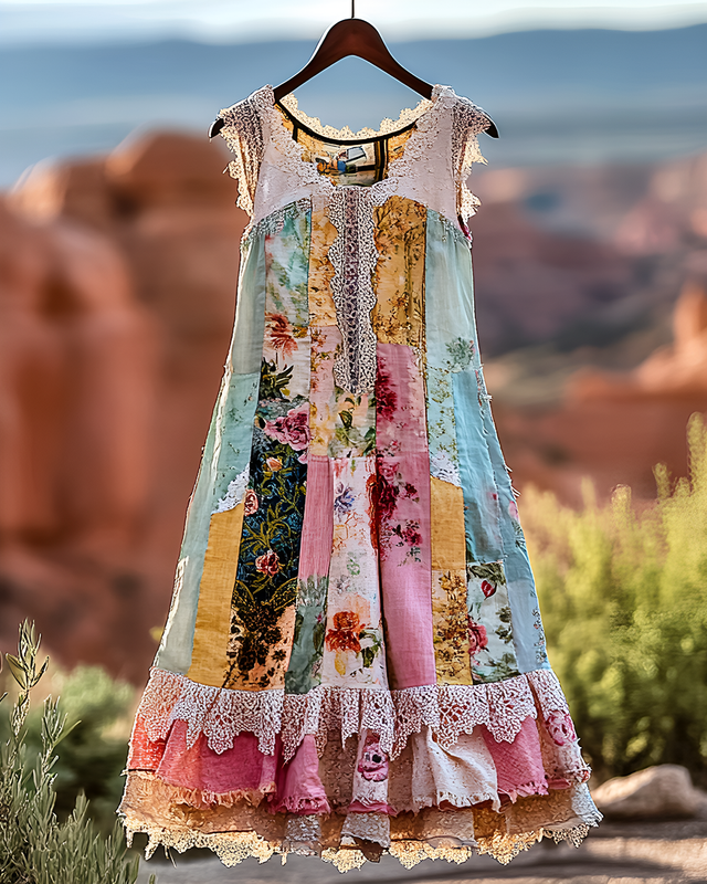 Summer Vintage Floral Lace Patchwork Dress 4103