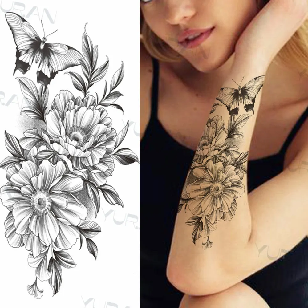 Black Large Snake Flower Fake Tattoo Sticker For Women Dot Rose Peony Temporary Tattoos DIY Water Transfer Tatoos Girls 530