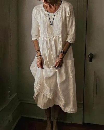Plus Size Casual round Neck Linen Solid Color Long Plus Size Dress