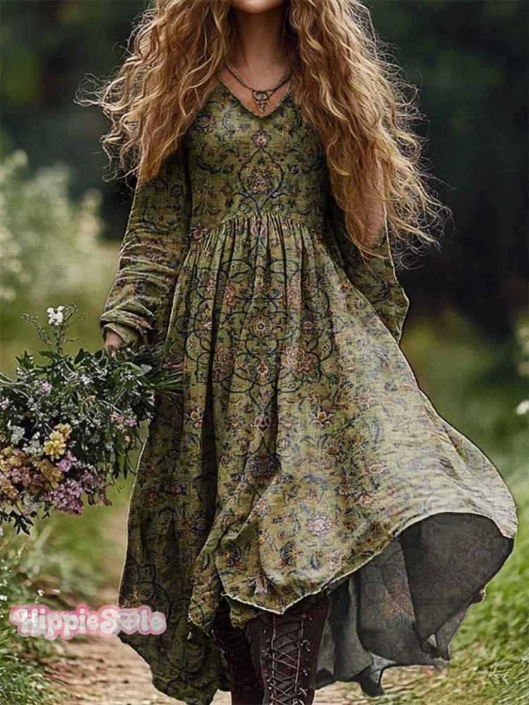 Women&rsquo;s Boho Floral Art Print Casual V-Neck Pocket Cotton Dress Multicolor / S