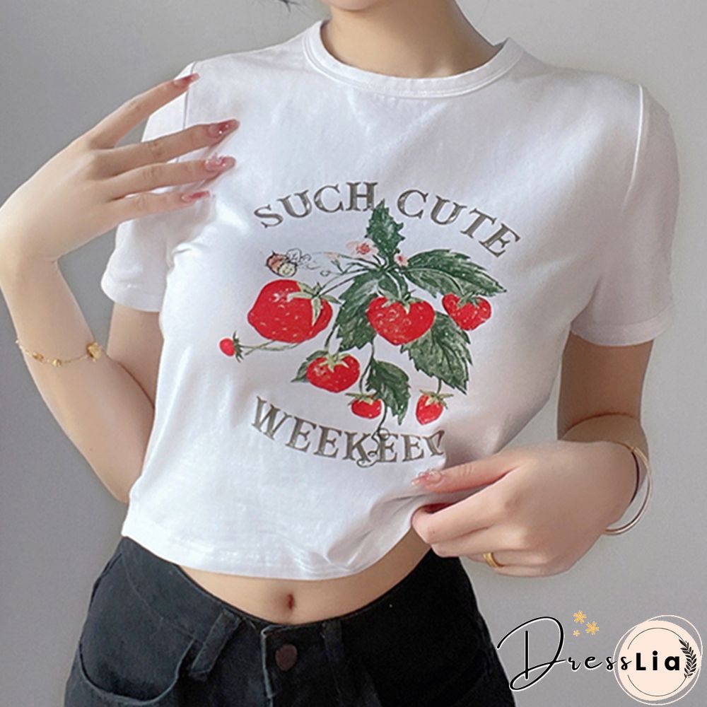 Cute Kawaii Strawberry Print Crop Tops Women Fairycore Short Sleeve Tshirt Aesthetic Harajuku Clothes Streetwear
