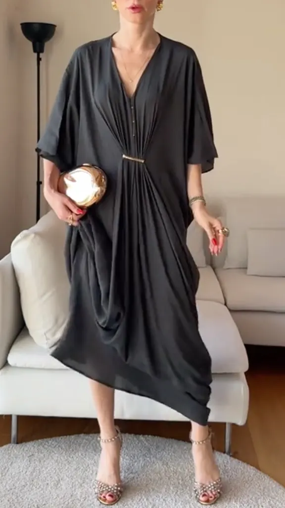 V Neck Batwing Sleeve Asymmetrical Hem Dress