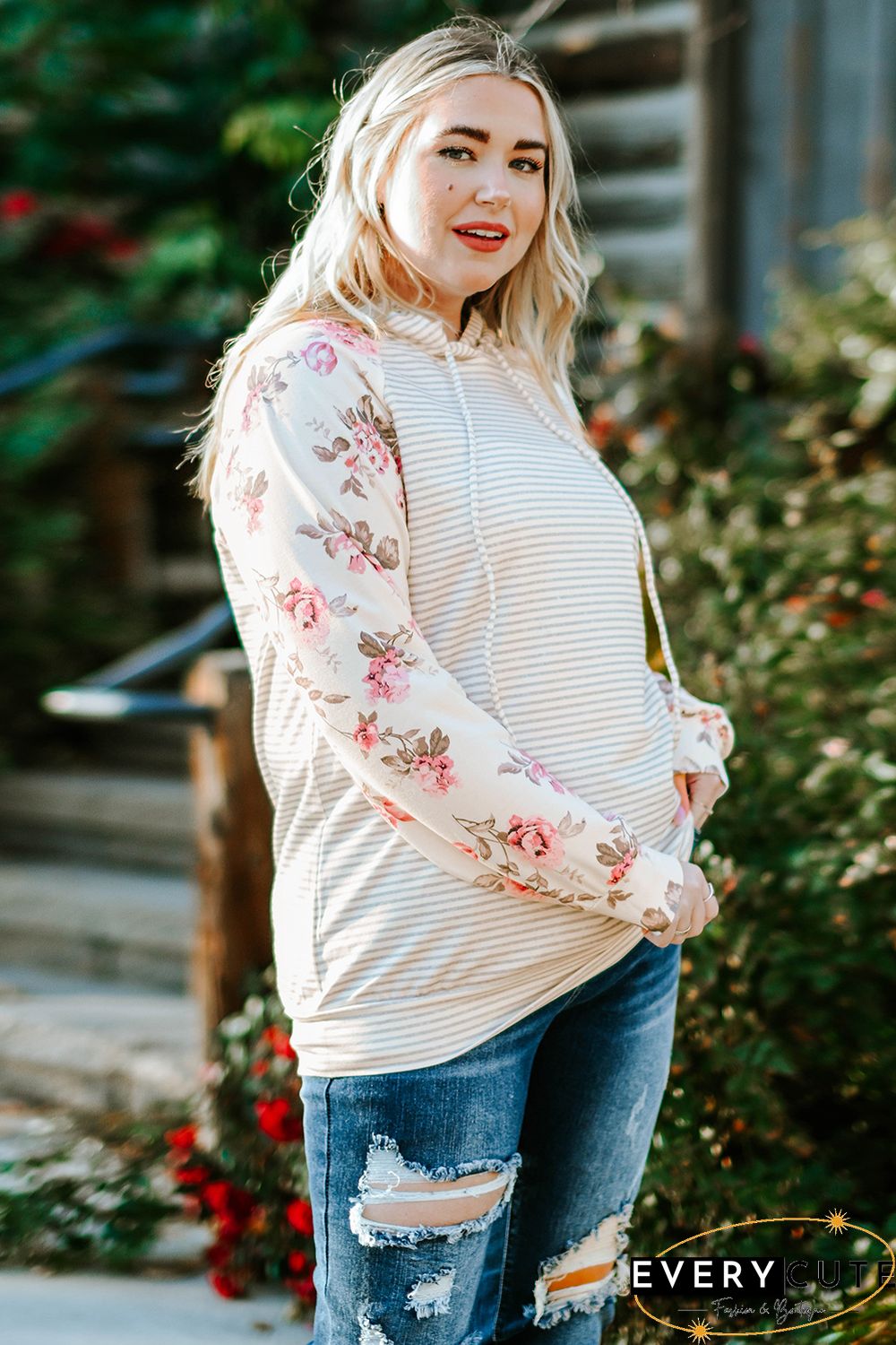 Plus Size Floral Raglan Sleeve Striped Hoodie