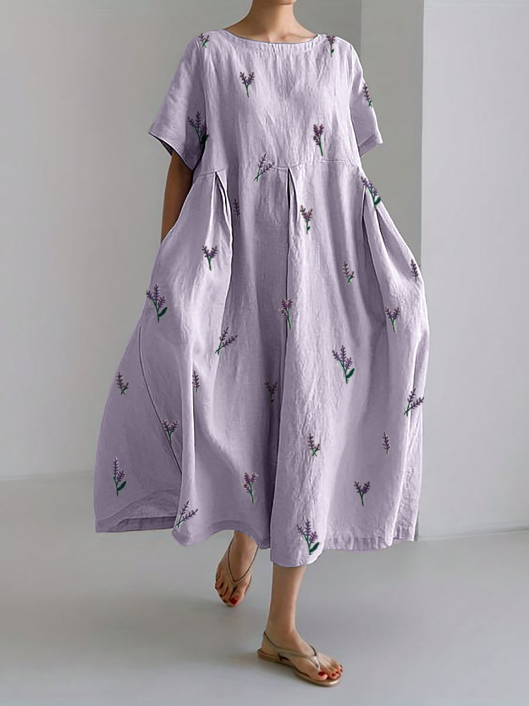 Lavender Floral Embroidery Pattern Linen Blend Maxi Dress