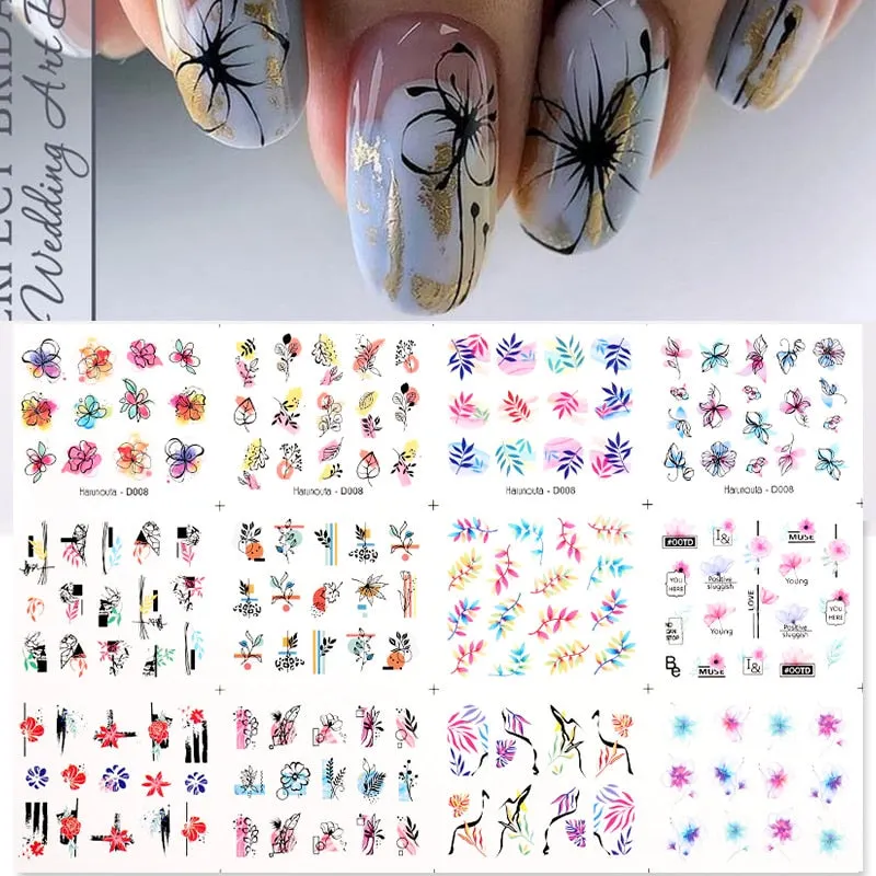 12Pcs Flower Leaf Geometric Lines Water Decals Spring Floral Butterfly Transfer Sliders Paper For Nails Decoration Manicures