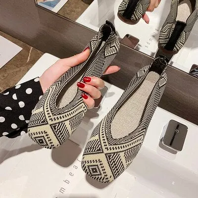 2021  Plus Size Spring New Ballet Flats Women Square Toe Knit Fabric Loafers Breathable Flat Heel Drive Shoes Driving Sneaker