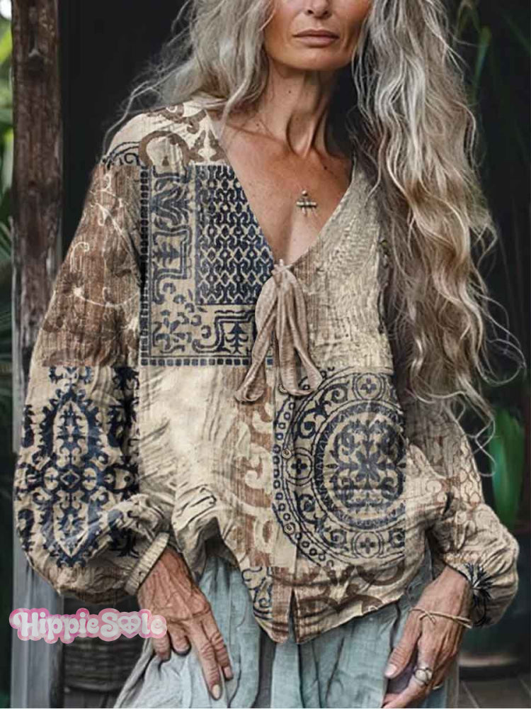 Women&rsquo;s V-Neck Lace-Up Printed Casual Long Sleeve Comfortable Cotton Shirt Multicolor / S