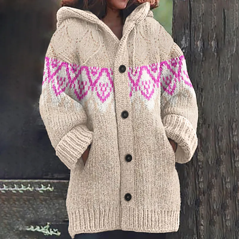 Vintage Ethnic Embroidery Pattern Contrast Sweater Cardigan