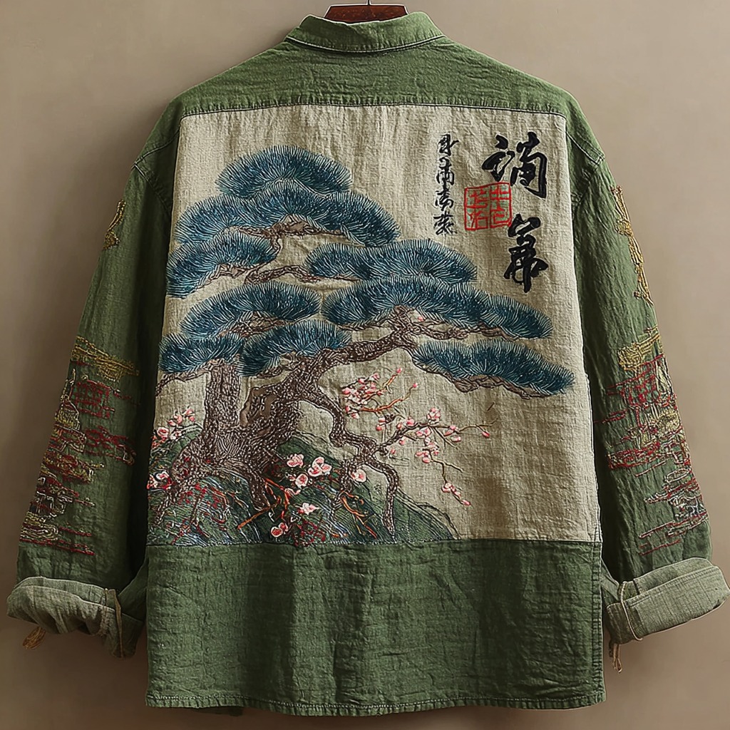 Japanese Pine And Cherry Blossom Embroidered Linen Men's Long Sleeve Shirt