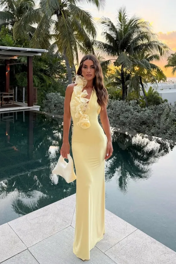 Light Yellow Halter Flower Prom Dress Mermaid Backless ZT0689