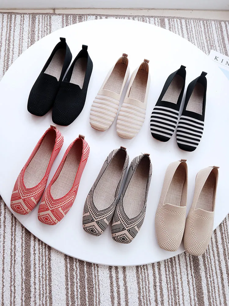 2022 Plus Size Spring New Ballet Flats Women Square Toe Knit Fabric Loafers Breathable Flat Heel Drive Shoes Driving Sneaker