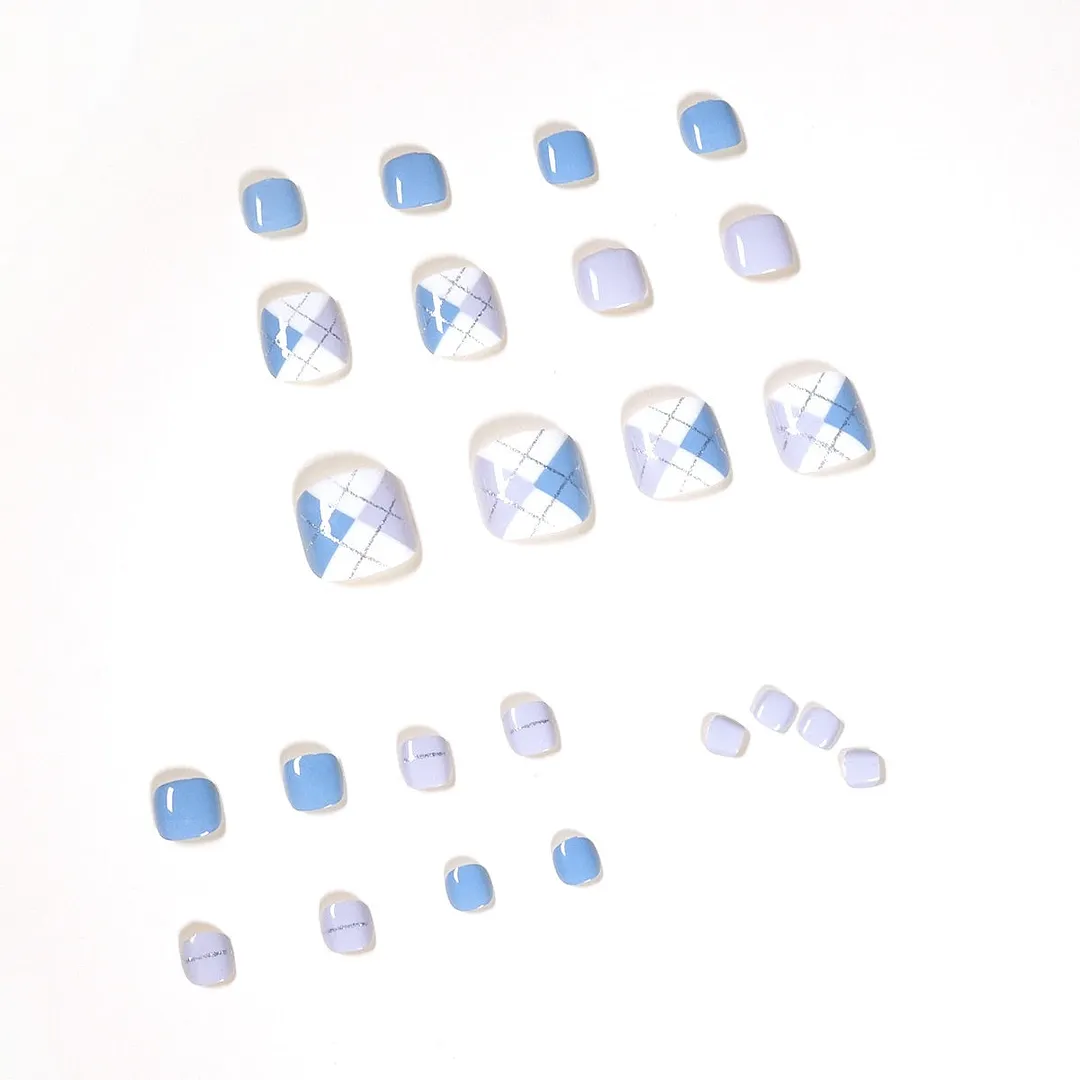 24pcs Morandi Color Department of Blue and White Fake Nails Full cover Fake Nails Glue DIY Manicure Nail Art Tools-Nail Inspo